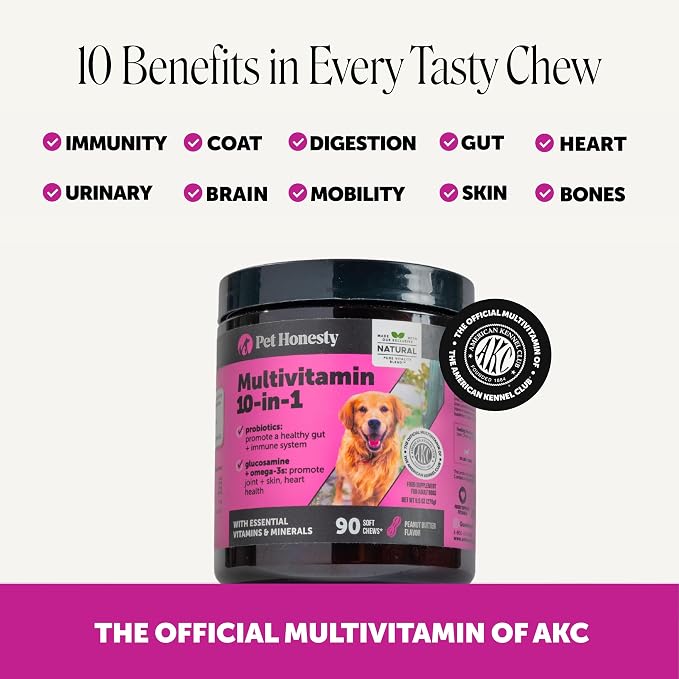10-in-1 Dog Multivitamin Supplement with Glucosamine & Probiotics - Hip & Joint Support, Digestive Health, Immune Support, Heart & Skin - All-in-One Daily Vitamins & Omega-3s (Peanut Butter, 90 ct)
