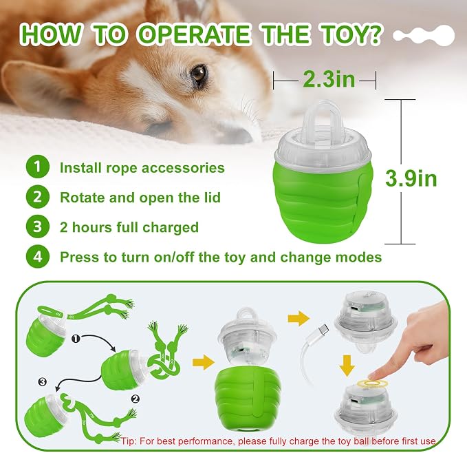 Interactive Dog Toy, [Newly Upgraded] Motion Activated Rolling Ball for Small Dogs, Automatic Moving Dogs Ball for Boredom, USB Rechargeable(Green)