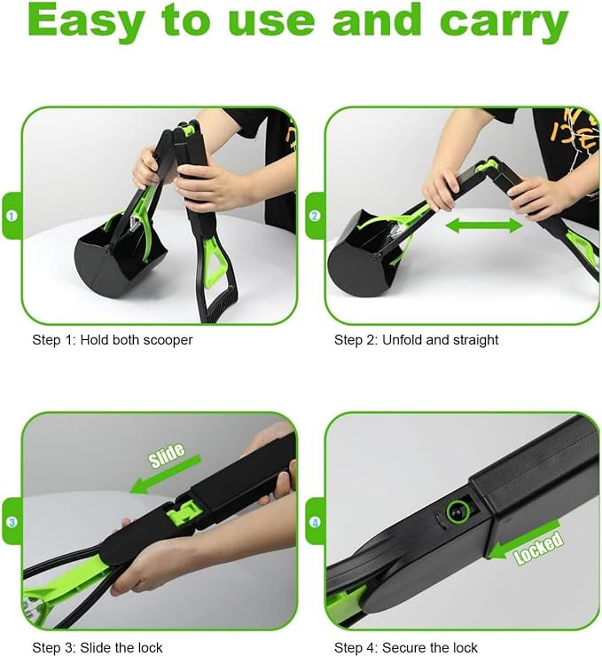 28“pooper scooper,dog pooper scooper,pooper scooper for large dogs,Folding Dog Poop Scooper, No-Bend Cleanup,with Durable Spring & Premium Material, Works on Grass/Dirt/Gravel & More Surfaces (Green)