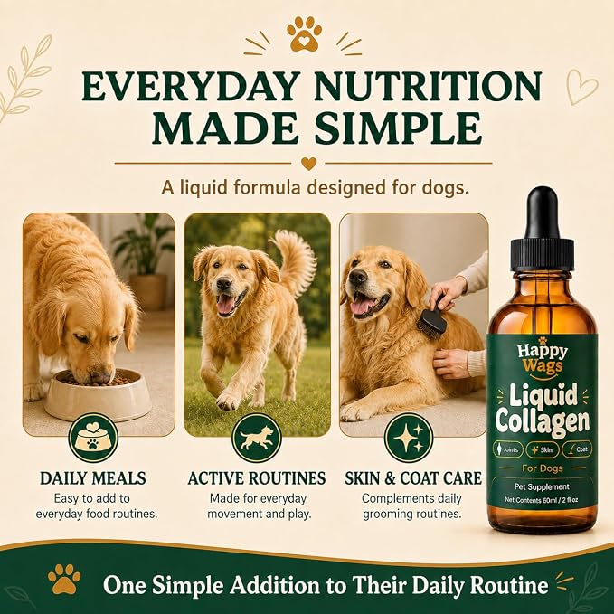 Happy Wags Premium Liquid Collagen for Dogs, Joint Care, Skin & Coat, Coat Support, 2 fl oz