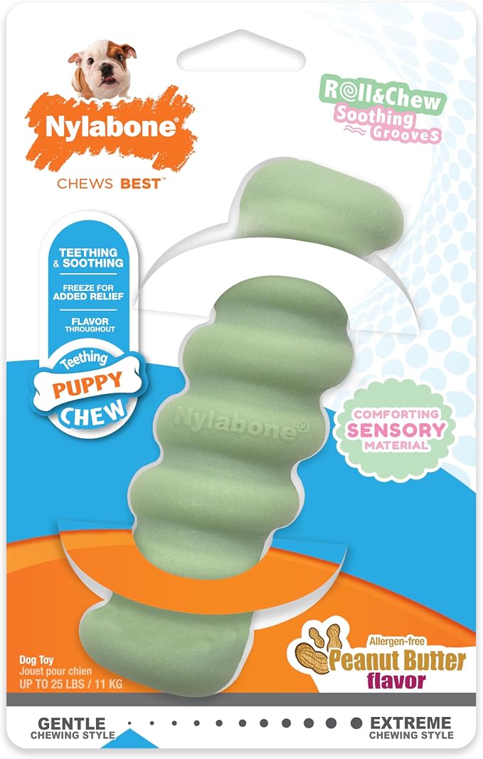 Nylabone Puppy Chew Sensory Material Grooved Stick Dog Chew Toy, Small | Peanut butter flavor, soothing teething toys for puppies, teething relief, freeze for extra comfort, up to 25 lbs