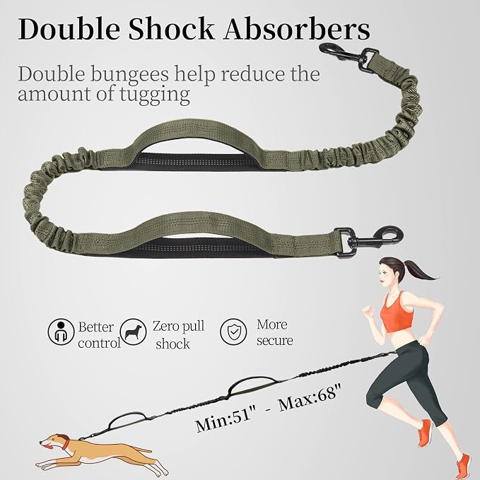 iYoShop Hands Free Dog Leash with Zipper Pouch, Large, Military Green | Waist Leash, Dual Padded Handles, Shock-Absorbing Bungee, Adjustable Waist Belt, Walking and Running