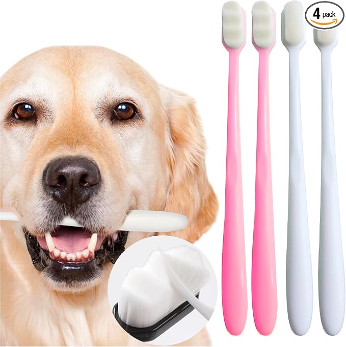 Dog Toothbrush Kit 4 Pack, Ultra Soft Dog Tooth Brush for Medium to Large Dogs & Cats, Pet Tooth Brushing Kit for Easy Dental Cleaning, Soft Bristles, 2 Pink Wave Head & 2 White Flat Head
