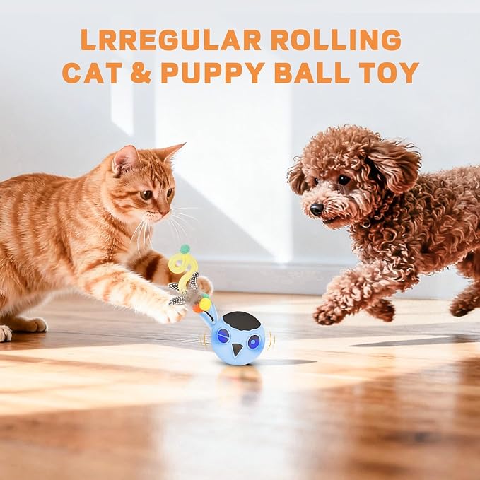 Cat Ball Toy, Upgraded Smart Motion Sensor Moving Ball with 3 Speed Modes & 4 Sounds, Interactive Toy for Indoor Cats, Motion Activated, Chirping Light, 2 Feather Tails(Blue)