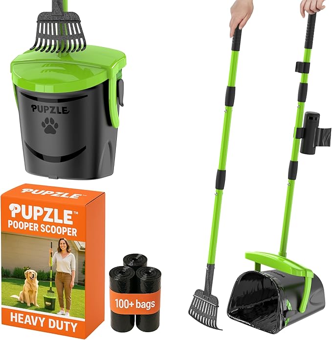 Pupzle Dog Pooper Scooper with Bag Attachment, 40" Long Handle Pooper Scooper for Large Dogs, Dog Poop Scoop for Yard, Large Capacity Swivel Bin and Rake, Lavender Scented Bags (Green)