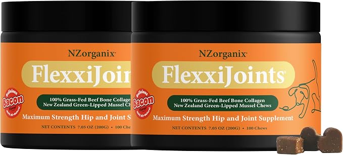 NZorganix FlexxiJoints Hip and Joint Supplement Chews for Dogs, Cats • 100% Grass-Fed Beef Bone Collagen New Zealand Green-Lipped Mussels • 200 Chews 2-Pack