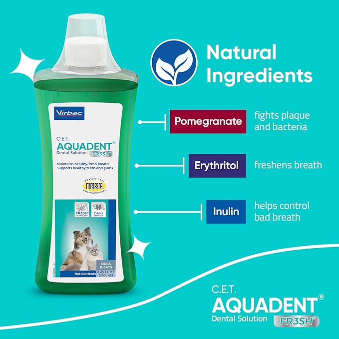 C.E.T. Aquadent Fr3sh Dental Solution for Dogs & Cats, 250 ml | VOHC approved for dogs, pet dental care, liquid pet breath freshener, supports digestive health, just add water