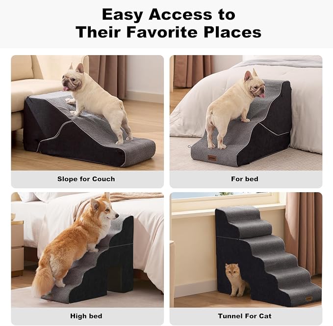 ZOMISIA Dog Ramp for Large Dogs - 24" H 5 Steps Pet Stairs for High Bed with Tunnel 2 in 1 with Zippers Suitable, Indoor Cat Ladders with Non-Slip Bottom, Black