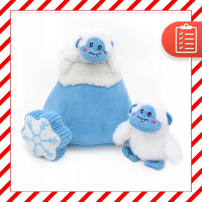 ZippyPaws Burrow Christmas Dog Toy - Plush Squeaky Holiday Dog Gifts for Small & Medium Puppy Dogs, Interactive Hide & Seek Stocking Stuffers for Pets - Yeti Mountain & Snowflake