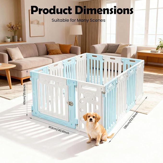Dog Playpen, Large Pet Playpen with Cute Patterns & 1 Door & 11 Freely Combinable Panels Dog Fence Large Crate for Pets Pet Safety Fence Pet Essentials for Small/Medium Dogs (Blue & White)