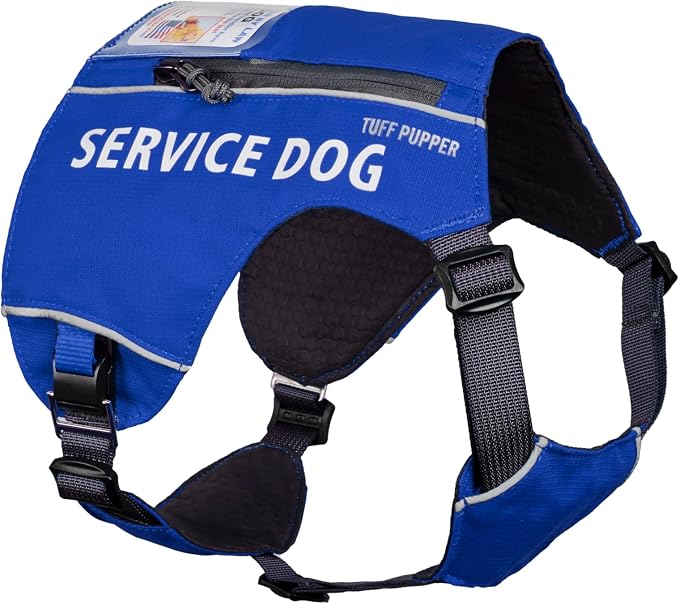Tuff Pupper Service Dog Vest with ID Pocket | No Leash Attachment | Quick-Release Magnetic Buckles | Reflective Trim | Adjustable Fit | Comfortable & Durable | Designed for Small Dogs (Blue, Medium)