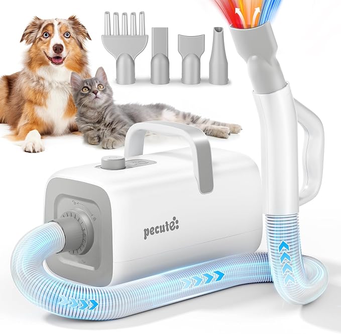 Pecute High-Velocity Dog Dryer, Adjustable Speed & Temp, 6.5ft Cord | Heat-resistant hose, pet grooming salon, cool-warm-hot cycle, 4 nozzles, soft noise, quick drying, overload protection