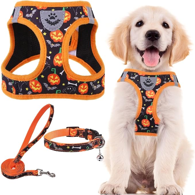 PUPTECK Adjustable Dog Harness Collar and Leash Set Step in No Pull Pet Harness for Small Medium Dogs Puppy and Cats Outdoor Walking Running, Soft Mesh Padded Reflective Vest Harnesses, Halloween, XXS