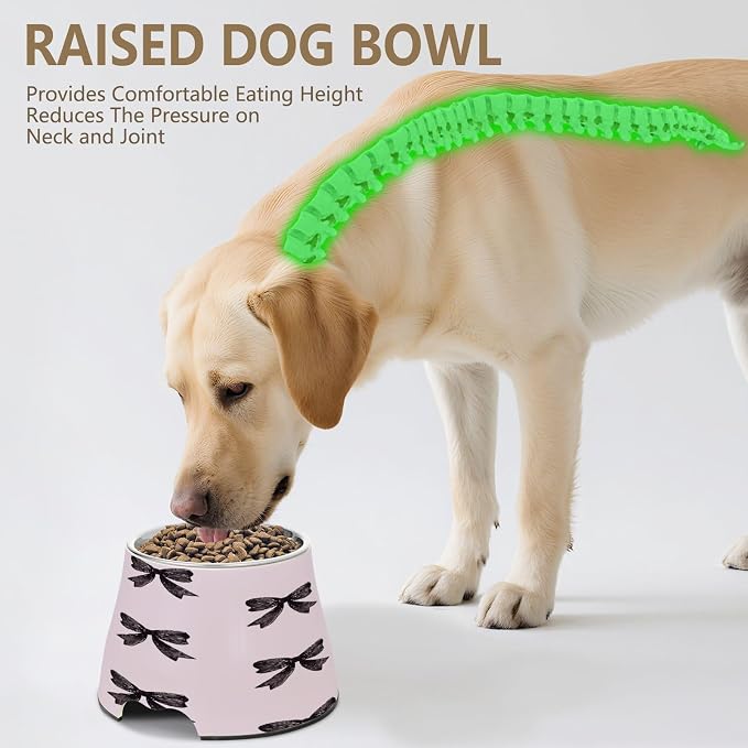Blueangle Elevated Dog Bowls with Stainless Steel - Non-Slip 2.3 Cup High Capacity Pet Dish for Spinal Health & Black Bows Design（281）