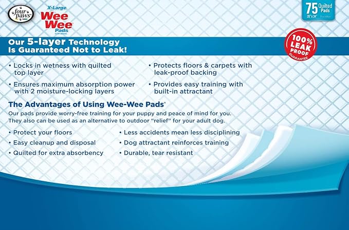 Four Paws Wee-Wee Pads for Dogs, X-Large 28x34 Inch, 75 Count, 2 Pack
