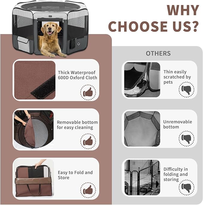 DONORO Dog Playpen Portable Pet Play Pens for Small Dog/Cat/Rabbit/Chicks, Cat Playpen Indoor/Outdoor with Carring Case, Removable Zipper Top and Bottom (Gray, Extra Large (55"x55"x30"), 8)