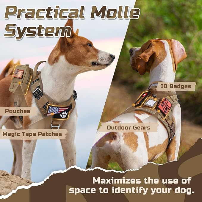 rabbitgoo Tactical Dog Harness for Medium, No Pull Military Service Vest | Molle & Handle, Heavy Duty, Adjustable, Reflective Straps, Easy Control for Training Walking, Brown, Medium
