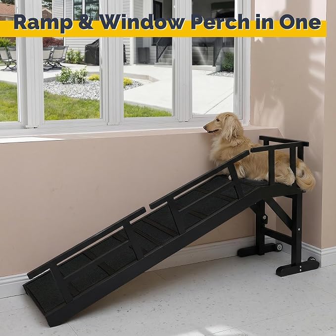Dog Ramp for Bed or Couch, Wooden Pet Ramp with 20° Gentle Slope, Removable Side Rails, Non-Slip Surface, Top Platform & Wheels, Safe Bed Ramp for Small, Large & Senior Dogs, 60" Long, Black