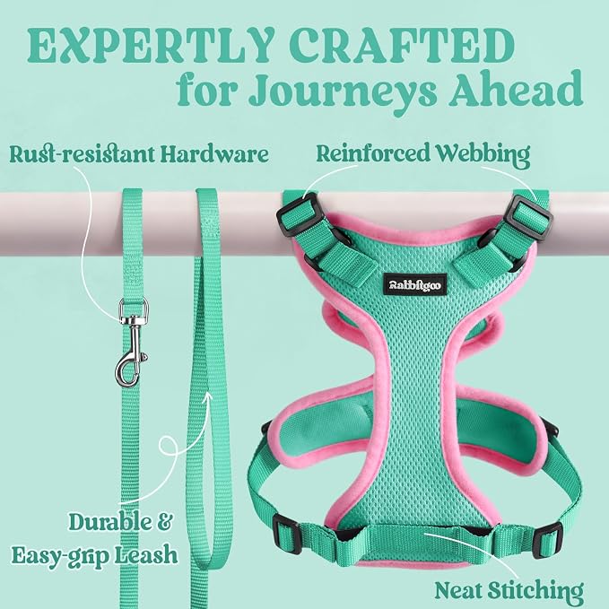 rabbitgoo Cat Harness and Leash Set, Escape Proof Vest, Green & Pink | Soft Breathable Mesh, Easy Adjustable Fit, Snap Buckles, Sturdy Clip, Reflective Strips, for Medium to Large Cats Walks, M