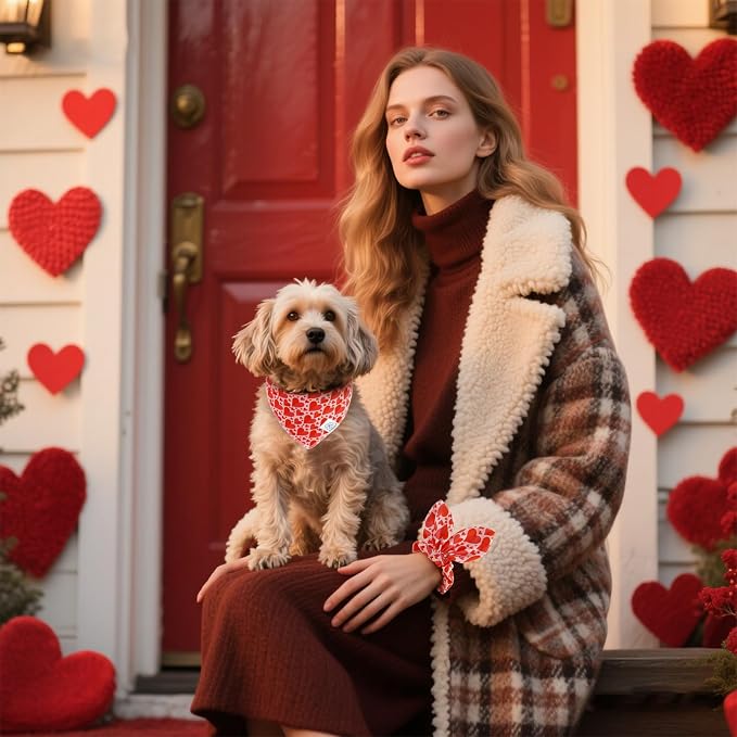E-Clover Mother's Day Heart Dog Bandanas & Matching Scrunchie Set Cute Girl Dog Scarf, Large-set of 1, Medium, Red