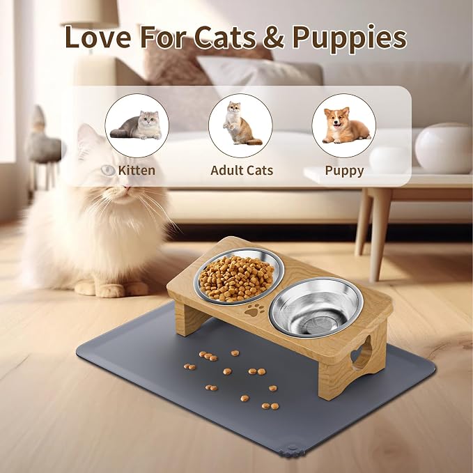 Elevated Cat Bowls, 15° Tilted Raised Cat Food Bowl with Solid Wood Stand & Stainless Steel Dishes, Cat Feeding Station with Silicone Mat, Helps Reduce Vomiting for Cats & Small Dogs(Natural)