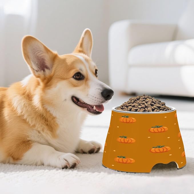 Blueangle Elevated Dog Bowls with Stainless Steel - Non-Slip 2.3 Cup High Capacity Pet Dish for Spinal Health & Pumpkins and Wreaths Design（114）