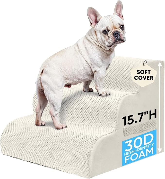 PAWSCRAT Pet Stairs for Dogs 3-Step, 15.7" H Pet Stairs for High Bed, Couch Sofa & Chair, 30D Material Soft Foam Dog Steps with Non-Slip Bottom Surface Removable Washable Cover, Beige