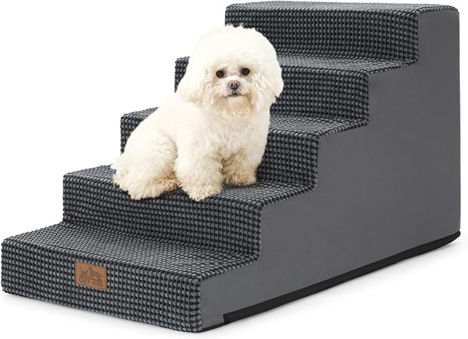 COZY KISS Dog Stairs for Small Dogs, 5 Step Pet Stairs for Beds & Couches | 17.7" H Non-Slip Dog Steps for Bed & Sofa, Gentle Incline for Puppies, Senior Cats, and Small Dogs, Charcoal Grey