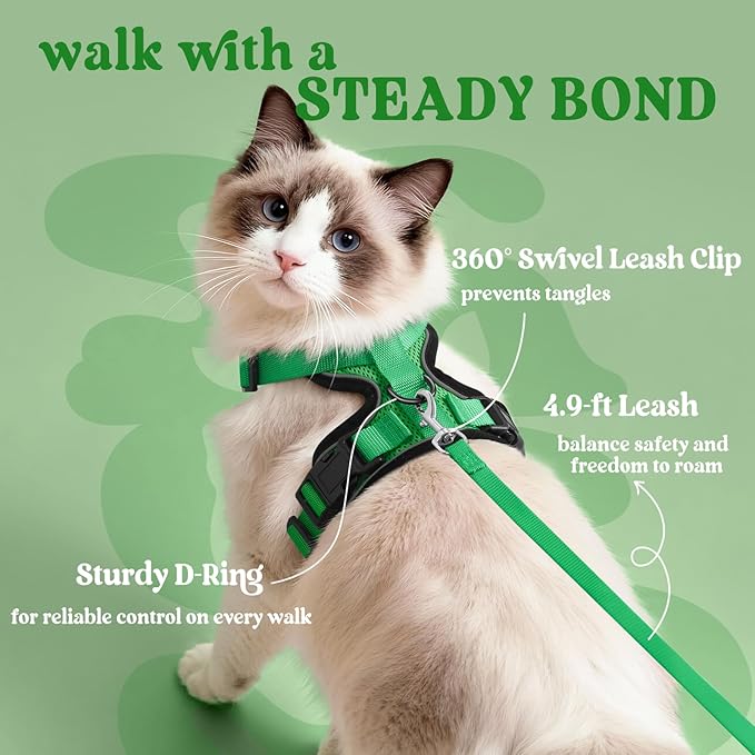 rabbitgoo Cat Harness and Leash Set, Escape Proof Vest, Grass Green | Soft Breathable Mesh, Easy Adjustable Fit, Snap Buckles, Sturdy Clip, Reflective Strips, for Average Cats Walks, S