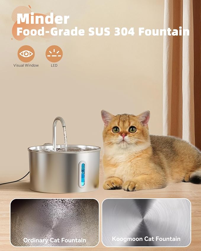 Cat Water Fountain Stainless Steel: 108oz/3.2L Cat Fountain for Drinking - Pet Water Fountain for Cats Inside - Automatic Cat Water Dispenser Bowl - Cat Feeding & Watering Supplies 6 Filters 3 Sponges