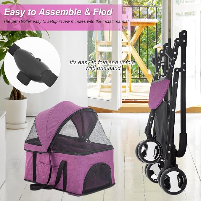 BestPet Premium 3-in-1 Pet Stroller - Purple, 3-Wheel
