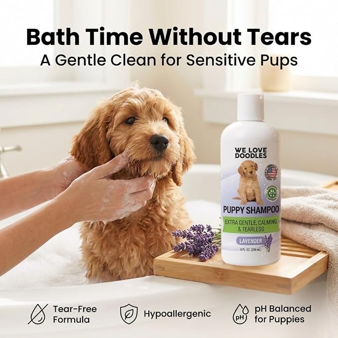 Puppy Shampoo & Conditioner, Tearless Hypoallergenic Wash, Lavender, 8 oz | Best Gentle Tear Free Puppy Shampoo 8+ Weeks Old, Sensitive Skin Golden Doodle Dog & Poodle Bath Soap, Natural, Made In USA