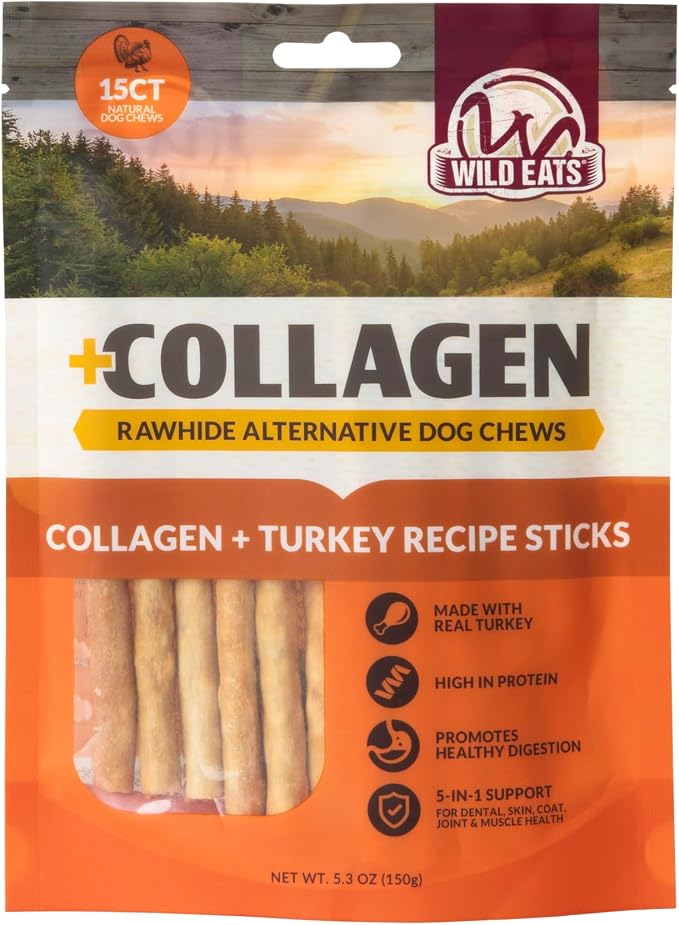 Wild Eats Turkey Collagen Sticks for Dogs (15 Pack, 1 cm Wide) Long Lasting Dog Chews No Hide Dog Treat Bully Stick Alternative, Rawhide Free, Grain Free, High Protein