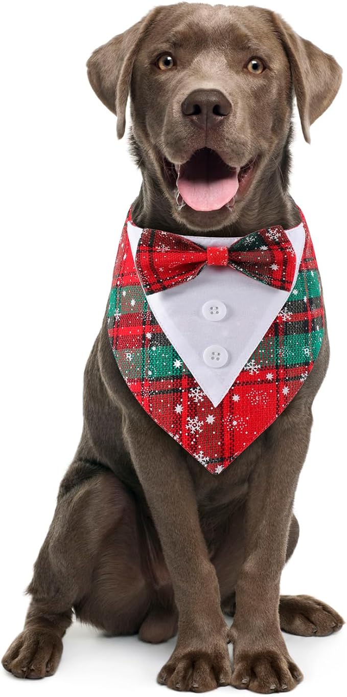 Adjustable Plaid Christmas Dog Tuxedo Bandana with Bow Tie, Medium, XS