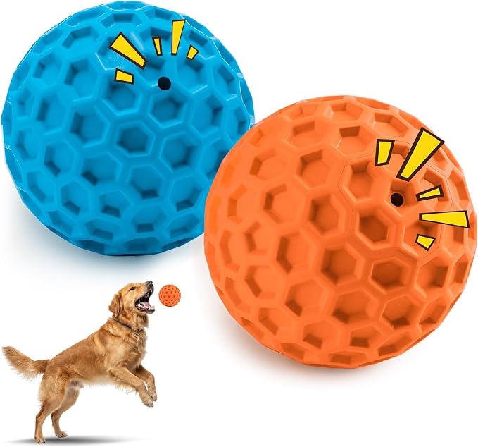 HIPPIH Indestructible Squeaky Dog Toys, Interactive Dog Balls 2 Pack | Chew Toys for Aggressive Chewers, Natural Rubber, Large/Medium Dogs, Tough Puppy Teething Toy, Relieve Anxiety