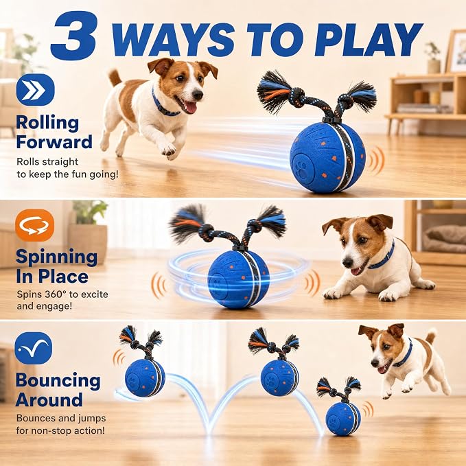 Interactive Smart Dog Ball Toy with Swinging Tail, Durable E-TPU Quiet Automatic Rolling Ball for Dogs to Chase, Self-Moving Dog Ball with Motion Activated, Rechargeable Small Medium Large Dog Toy