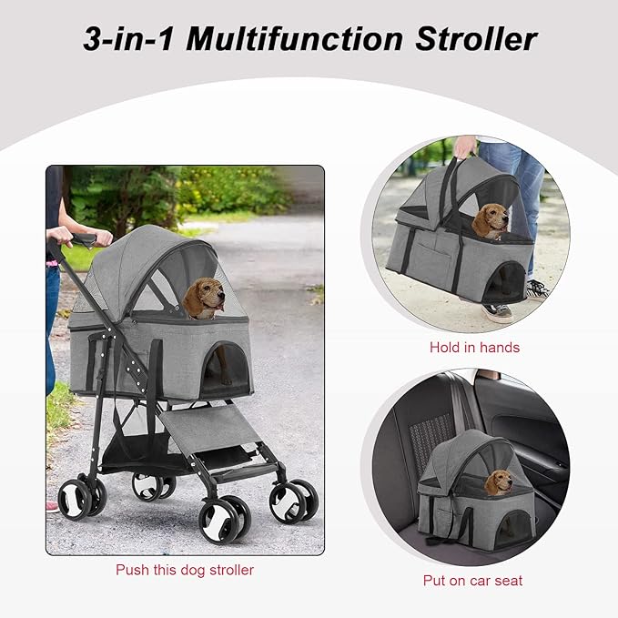 BestPet 4-Wheel Pet Stroller - Grey, Detachable Carrier