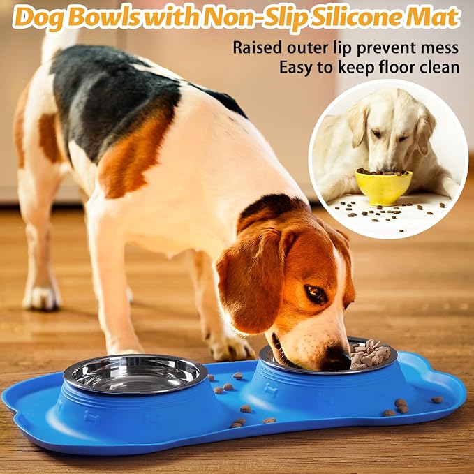 Hubulk Pet Dog Bowls 2 Stainless Steel Dog Bowl with No Spill Non-Skid Silicone Mat + Pet Food Scoop Water and Food Feeder Bowls for Feeding Small Medium Large Dogs Cats Puppies (Medium, Blue)