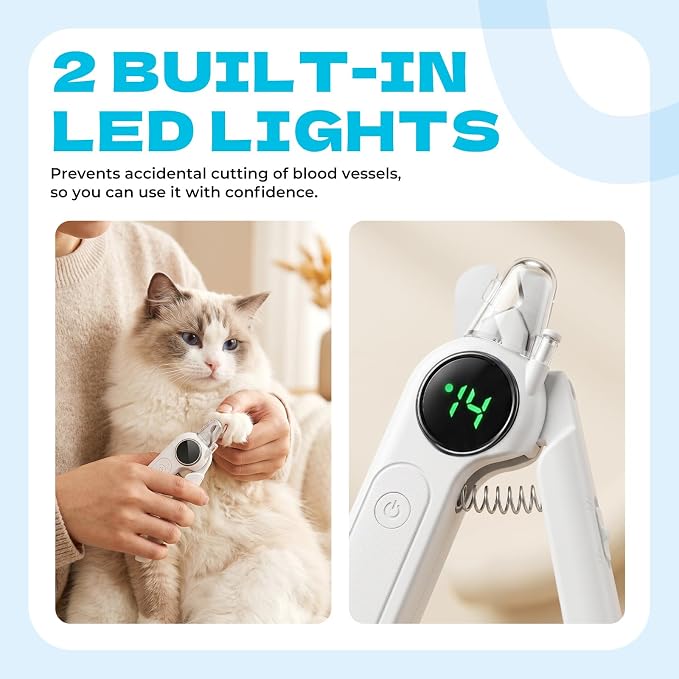 2-in-1 Pet Nail Clipper with LED Light & Digital Display - White