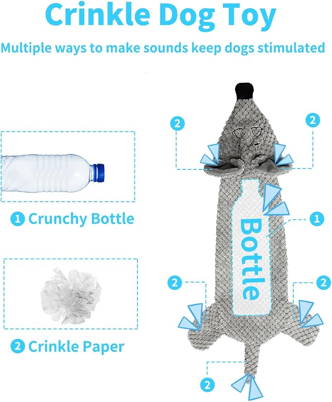 Dog Toys, Squeaky Plush No Stuffing Crinkle Dog Toy for Small Medium Large Dogs, Interactive Puppy Teething Water Bottle Dog Chew Toy (Mouse)