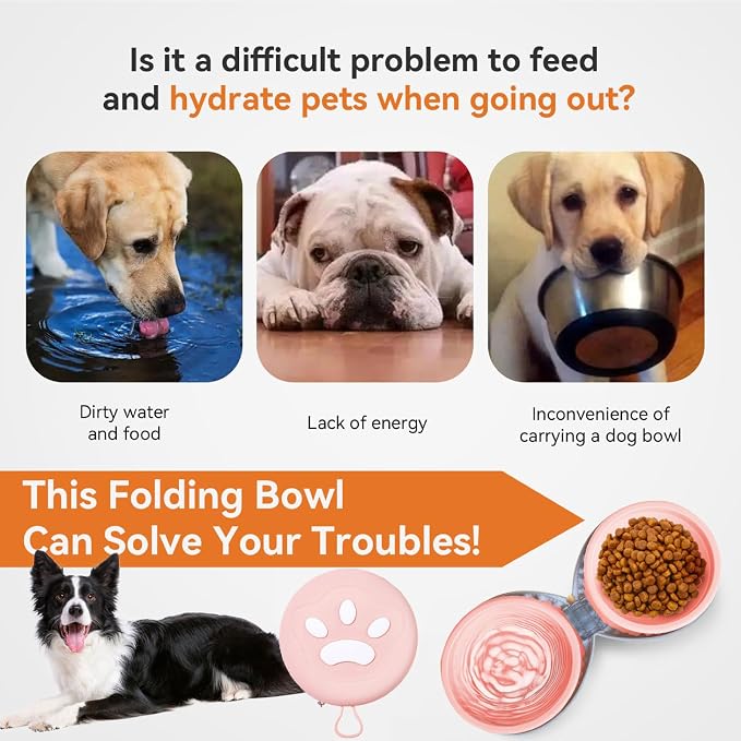 Collapsible 2-in-1 Dog Bowls, Leakproof Double Silicone, Pink