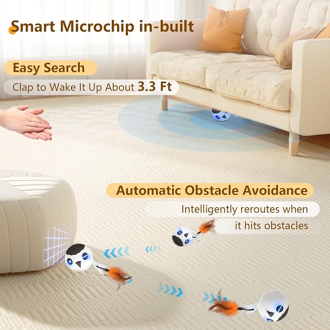 Cat Toys Ball, Smart Motion Sensor Moving Ball with 4 Sounds& 3 Speed Modes | Interactive Automatic Cat Toy for Indoor Cats,Fast Rolling Motion Activated Chirping Stimulating Light, 2 Feather Refill