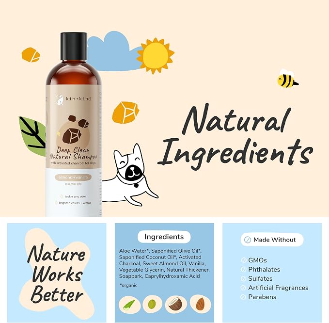 kin+kind Deep Clean Natural Dog Shampoo - Deep Clean & Odor Control - Almond + Vanilla Fragrance - 12 fl oz