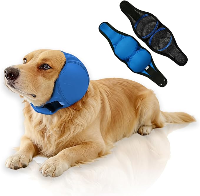 Waterproof Dog Ear Covers for Bathing,Hematoma,Drying,No Shake Ear Wraps for Dogs Ear Muffs Noise Protection Anxiety Relief,Adjustable Dog Calming Hoodie Shower Cap for Grooming(Blue,S)