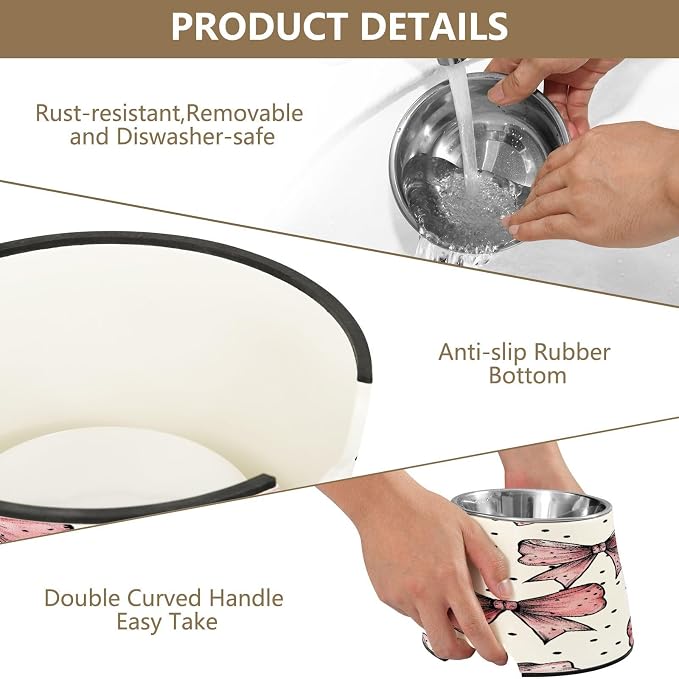 YETTASBIN Bow Pink Elevated Dog Bowls, Prevention of Vertebrae Disease Raised Dog & Cat Bowl Stand with Removable Stainless Steel Bowls, Non-Slip Spill-Proof Pet Food & Water Bowl Dish