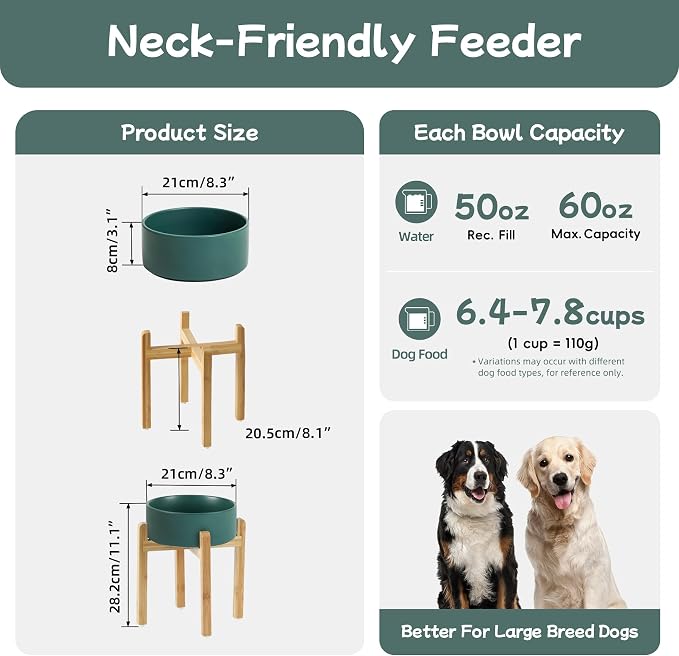 Havniva 8.3” Dog Bowls Elevated Ceramic Dog Food and Water Bowl, Raised Dog Water Bowl with Stand Non-Slip Rubber Base Large Capacity Feeding Pet Food Bowl for Large Dogs