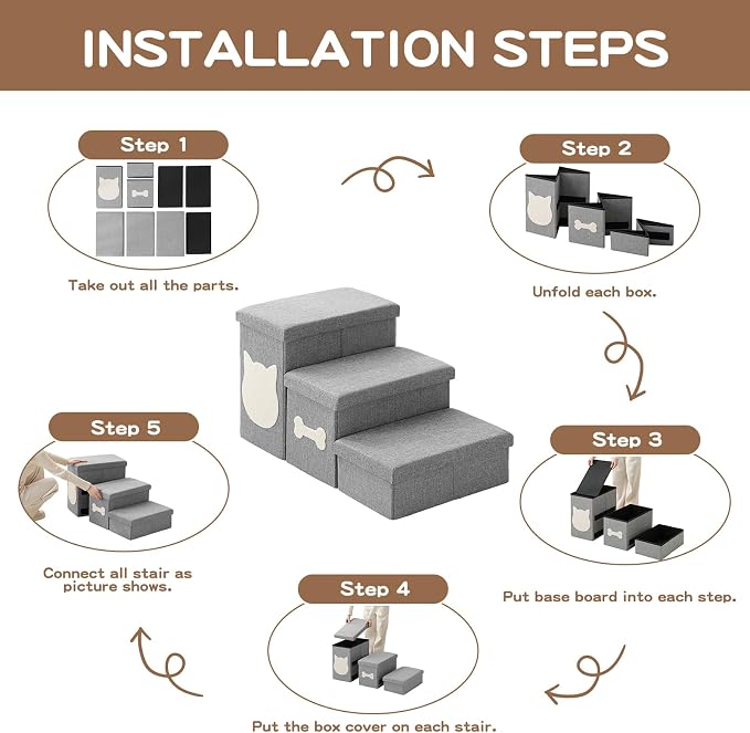3-Step Wider Dog Steps for Bed 17" H, Foldable Dog Stairs with Storage, Non-Slip Pet Steps for Small Medium Large Dogs, Arthritis-Friendly Pet Stairs for Couch and Car Up to 200 lbs, Grey
