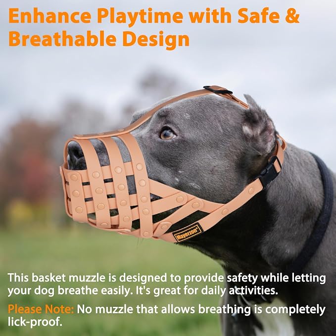 Pitbull Dog Muzzle for Large Medium Dogs Prevent Biting Scavenging | Fits Rottweiler Amstaff Broad-nosed Breed, Sturdy Breathable Basket, Training Walking Use, Allows to Drink | Apricot, L