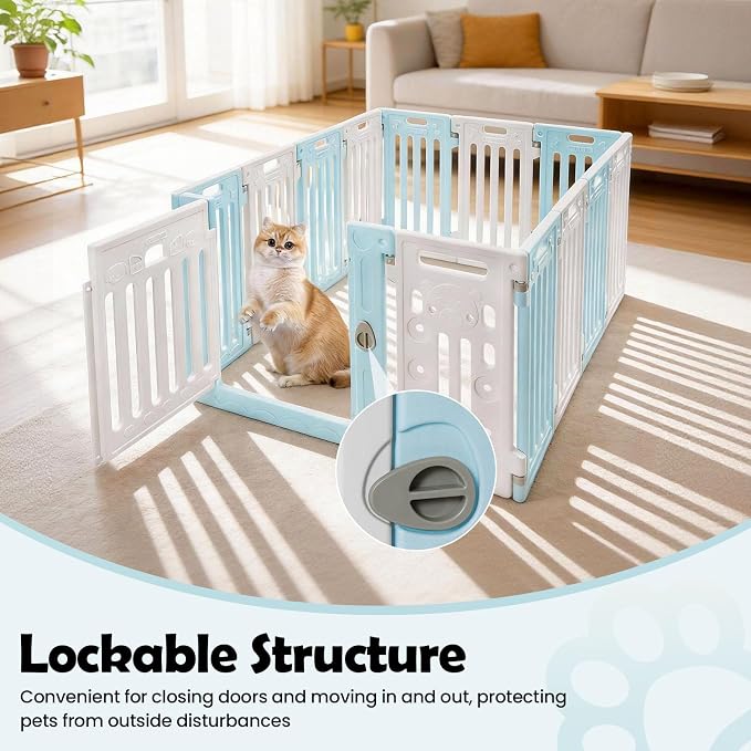 Dog Playpen, Large Pet Playpen with Cute Patterns & 1 Door & 11 Freely Combinable Panels Dog Fence Large Crate for Pets Pet Safety Fence Pet Essentials for Small/Medium Dogs (Blue & White)