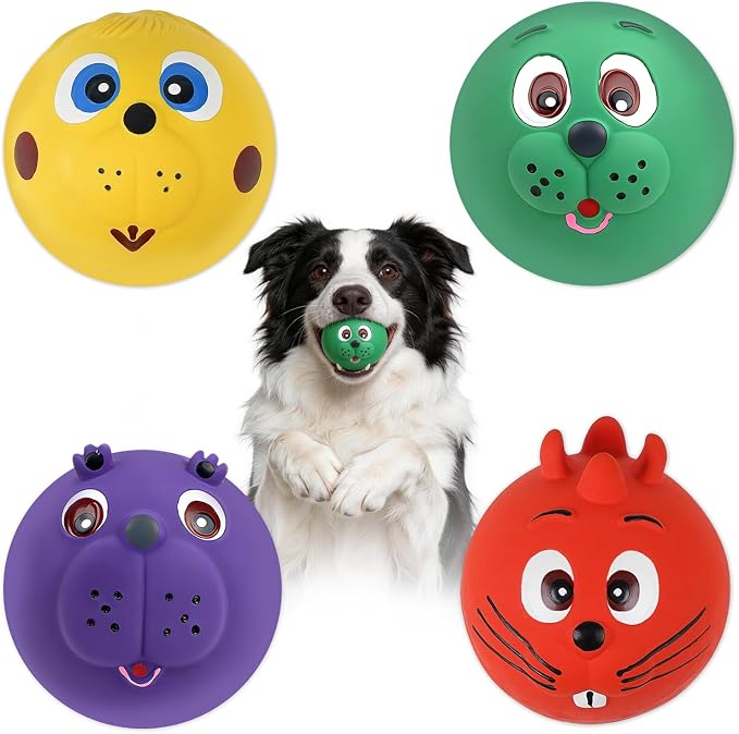 Dog Ball Toy, Smiley Face Squeaky Dog Toys Soft Dog Balls Latex Rubber Squeak Dog Toys for Small Medium Puppy Pet Dog (4 Pack)